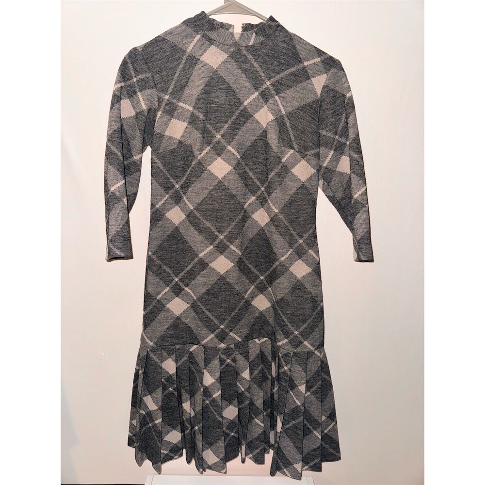 Vintage Miss Ellen of MIA Sweater Dress Womens M Gray Argyle Mock Neck
